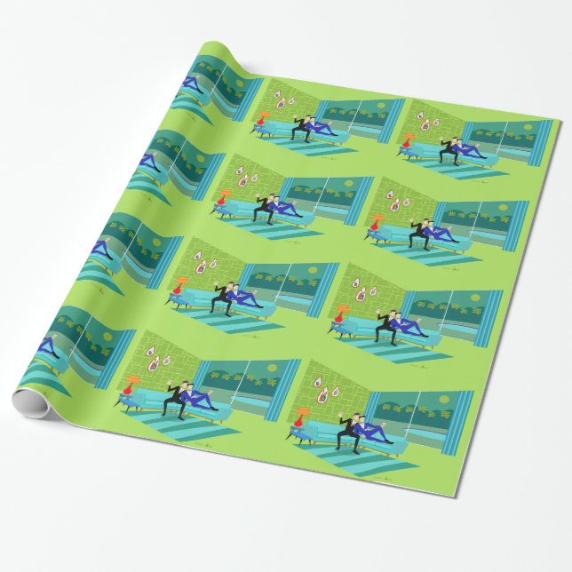 Retro Romantic Gay Couple Wrapping Paper (Unrolled)