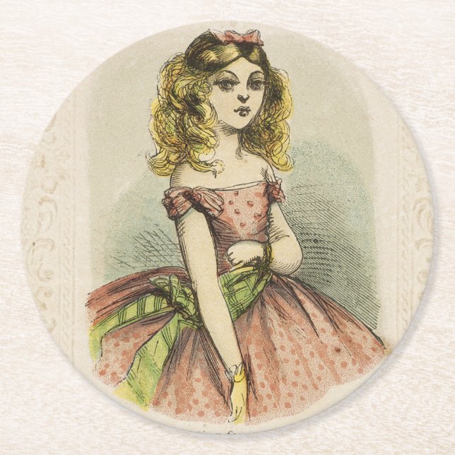 Retro Romantic Valentine's Day Card, 19th century Round Paper Coaster (Front)