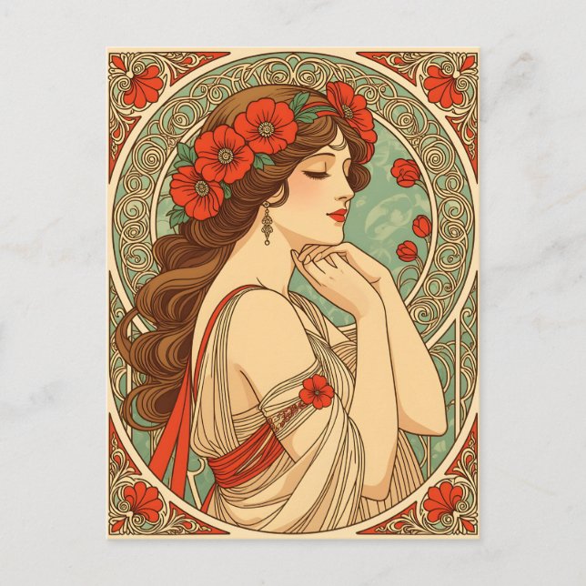retro romantic woman with red flowers vintage postcard (Front)