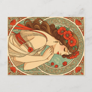 retro romantic woman with red flowers vintage postcard