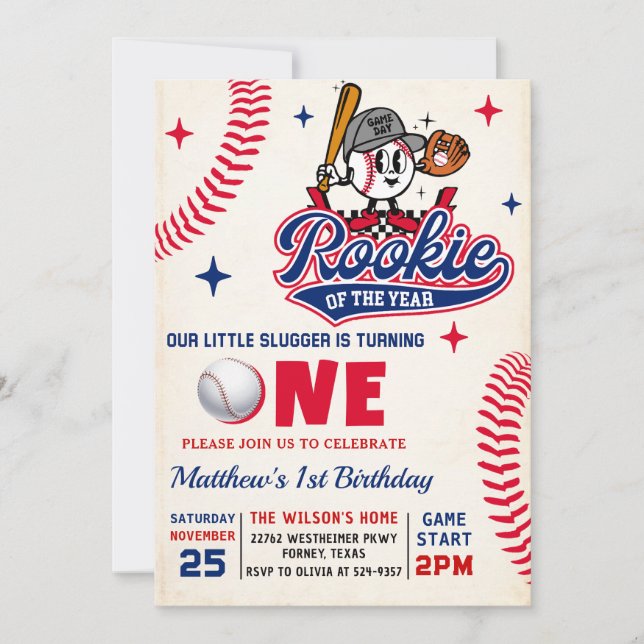 Retro Rookie Baseball 1st Birthday Photo Invitation (Front)