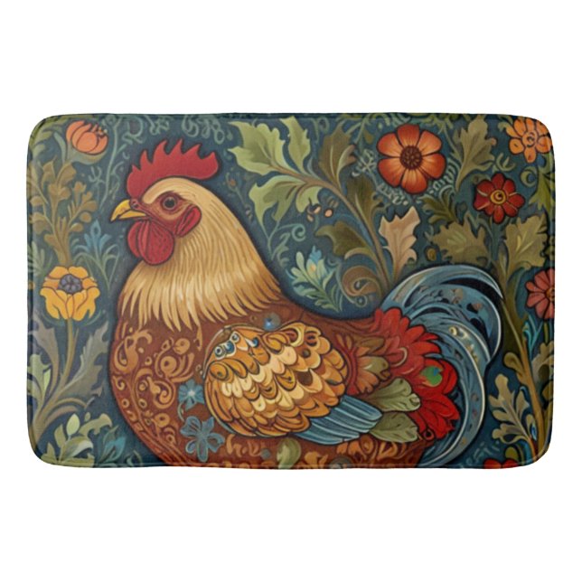 Retro rooster boho chic country chicken  bath mat (Front)