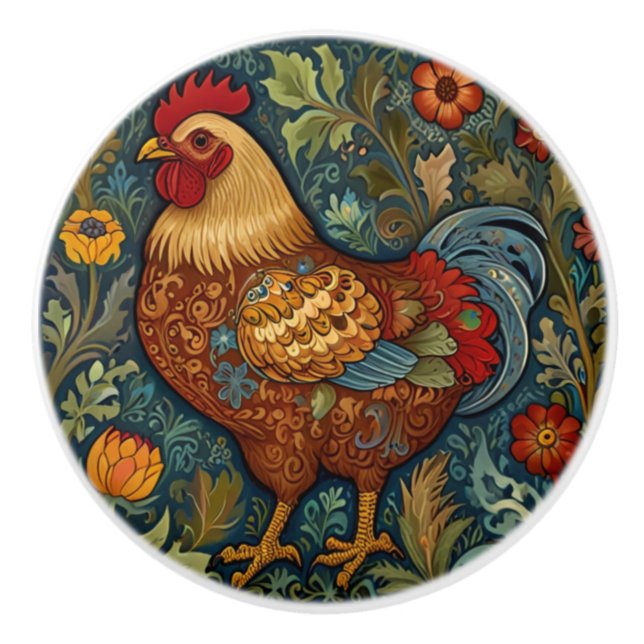 Retro rooster boho chic country chicken  ceramic knob (Front)