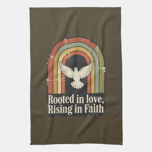 Retro rooted and rising faith design tea towel (Vertical)