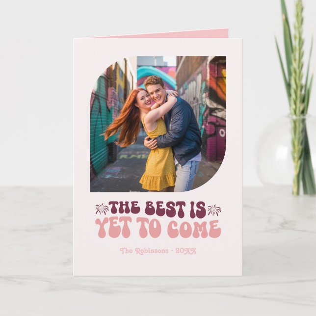 Retro Rosé Glow Champagne Retro New Year Photo Holiday Card (Front)