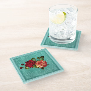 Retro Roses Blue Green Vintage Country Glass Coaster