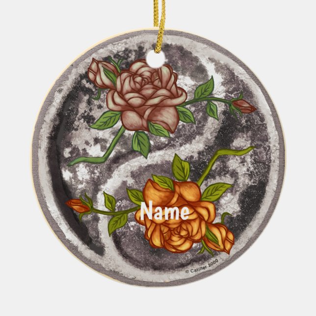 Retro Roses Yin Yang Ceramic Tree Decoration (Front)