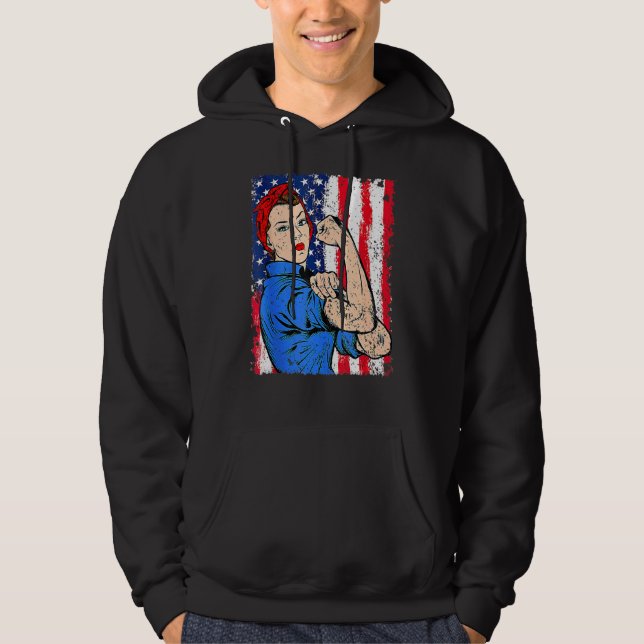 Retro Rosie The Riveter Feminist Usa Flag 4th Of J Hoodie (Front)