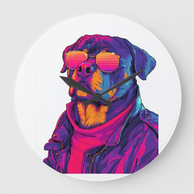 Retro Rottweiler � 80s Neon Vibe Dog Large Clock (Front)