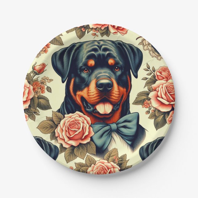 Retro Rottweiler Illustration Paper Plate (Front)
