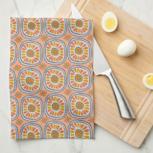 Retro Round Tiles Mexico Daisy Pattern Peach Tea Towel