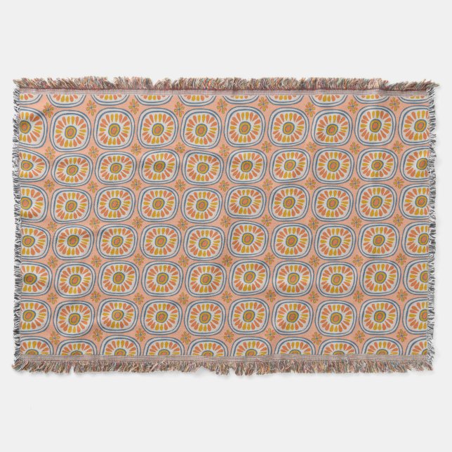 Retro Round Tiles Mexico Daisy Pattern Peach Throw Blanket (Front)