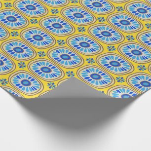 Retro Round Tiles Mexico Daisy Pattern Yellow BLue Wrapping Paper