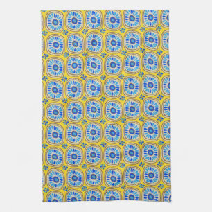 Retro Round Tiles Mexico Daisy Pattern Yellow Tea Towel