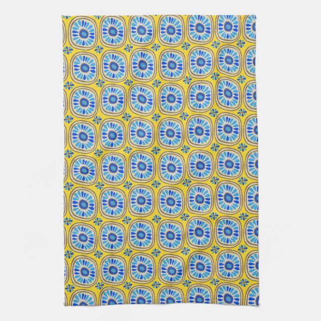 Retro Round Tiles Mexico Daisy Pattern Yellow Tea Towel (Vertical)