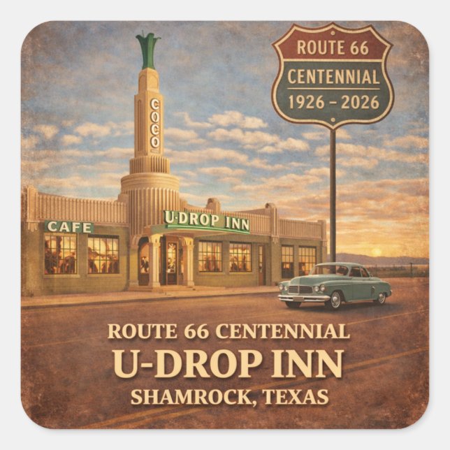 Retro Route 66 Shamrock Texas Roadside Decal Square Sticker (Front)