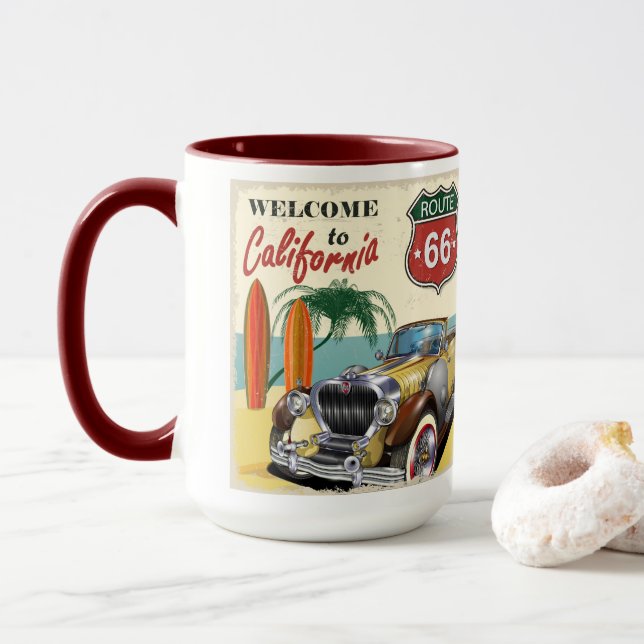 Retro Route 66 "Welcome to California" poster, Mug (With Donut)