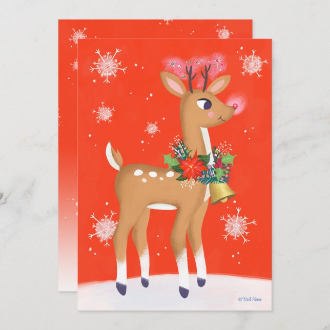 Retro Rudolph Reindeer Red Holiday Card (Front/Back)