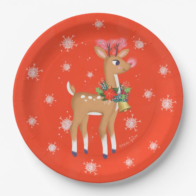 Retro Rudolph Reindeer Red Paper Plate (Front)