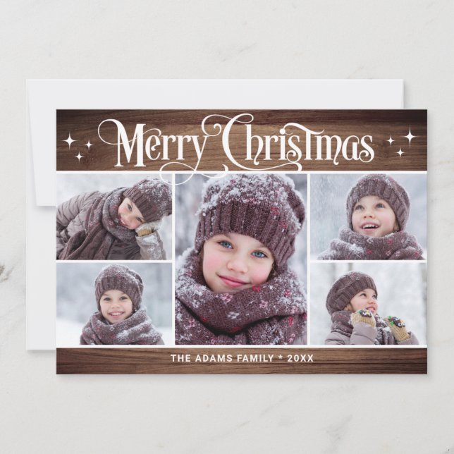 Retro Rustic Christmas 5 PHOTOS Greetings Holiday Card (Front)