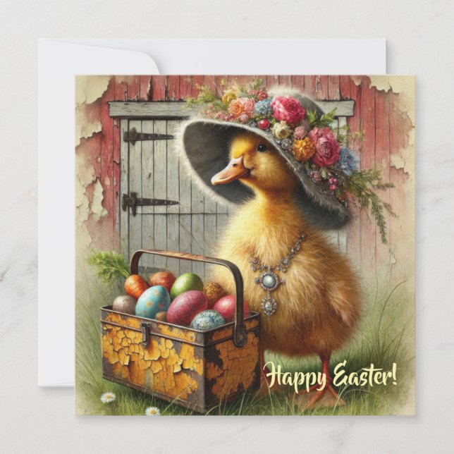 Retro rustic Easer duck with eggs farmhouse Holiday Card (Front)