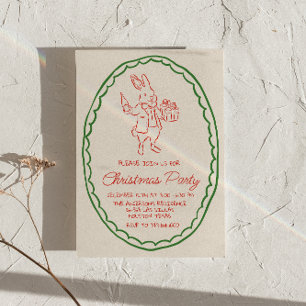 Retro Rustic Hand Drawn Red Christmas Rabbit Party Invitation