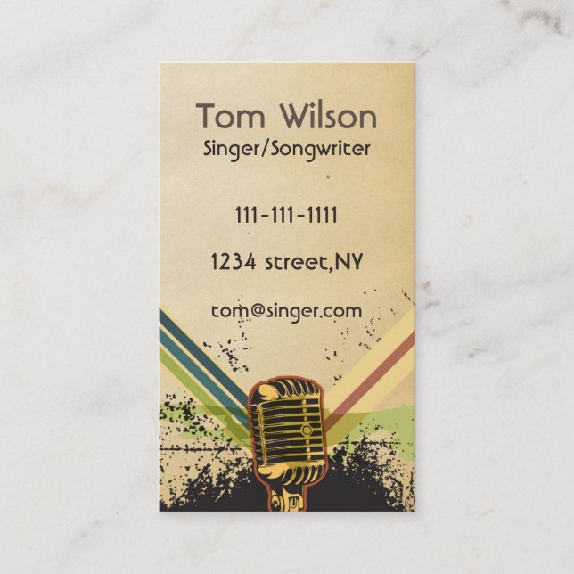 Retro Rustic microphone singer music Business card (Front)