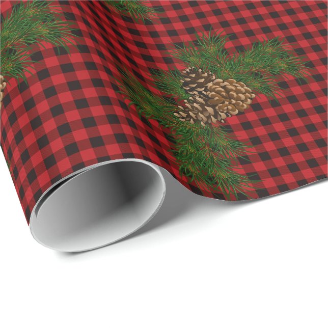 Retro rustic red black buffalo plaid pine cone wrapping paper (Roll Corner)