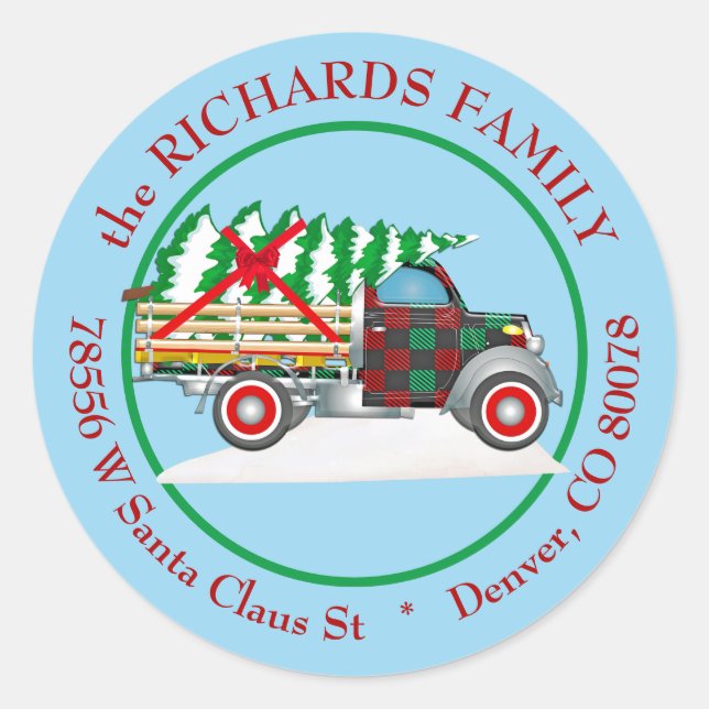 Retro Rustic Truck Christmas Return Address Classic Round Sticker (Front)