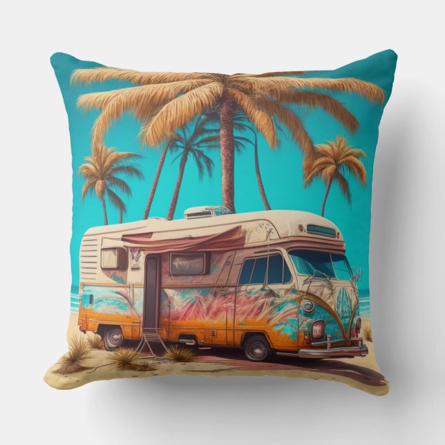 Retro RV and Palm Trees Cushion (Front)