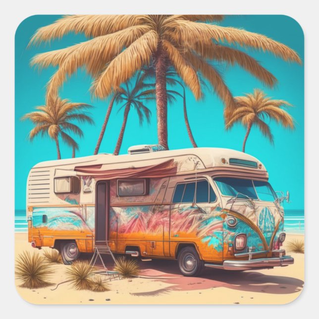 Retro RV and Palm Trees Square Sticker (Front)