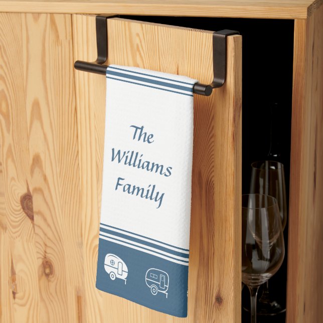 Retro RV Campers Family Name in Blue and White Tea Towel (Thirds Fold)