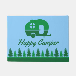 Retro RV Happy Camper and Trees in Green and Blue Doormat