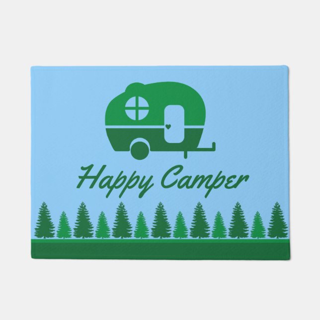 Retro RV Happy Camper and Trees in Green and Blue Doormat (Front)