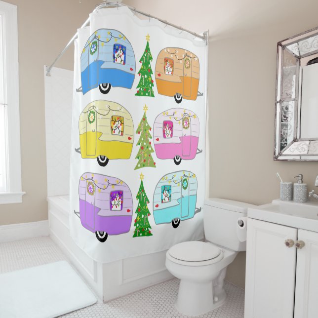 Retro RV Motorhome Trailer Camper Christmas Xmas Shower Curtain (In Situ)
