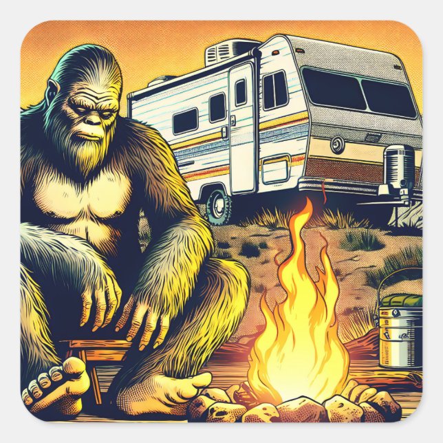 Retro RV Sasquatch Camping Square Sticker (Front)