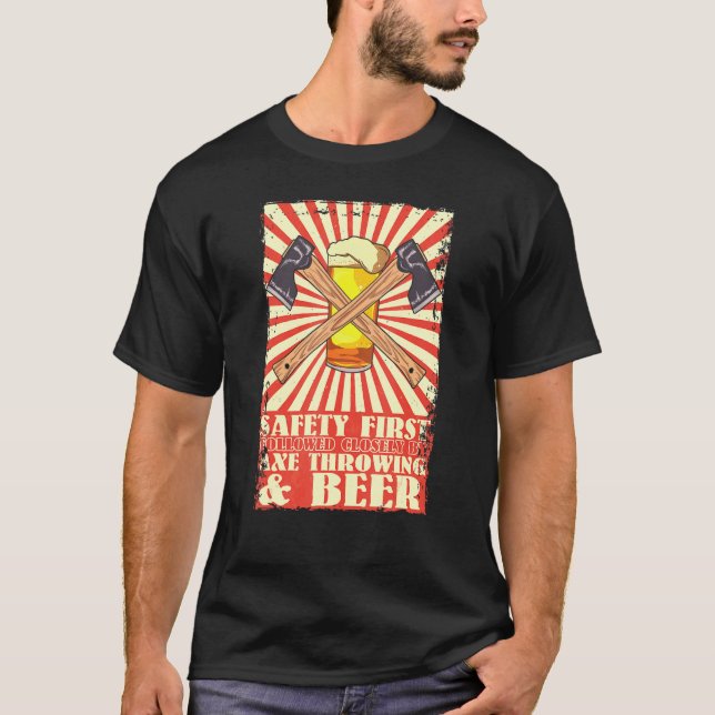 Retro Safety First Axe Throwing And Beer Viking T-Shirt (Front)