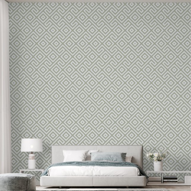 Retro Sage Green Abstract Geometric Pattern  Wallpaper (Bedroom)