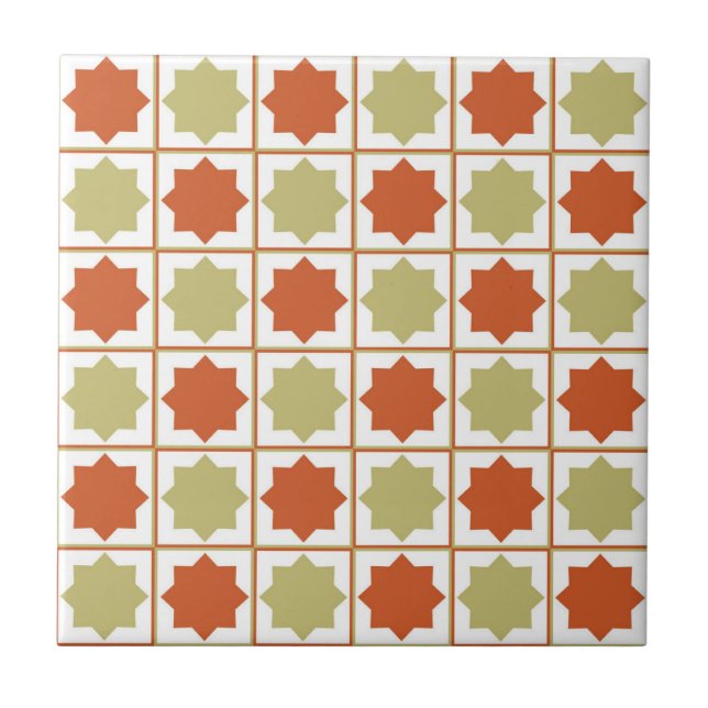 Retro Sage Green and Burnt Orange Islamic Geometri Tile (Front)