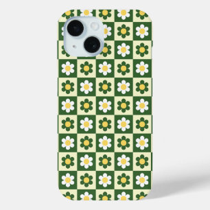 Retro Sage Green and Cream Daisy Chequerboard iPhone 15 Case