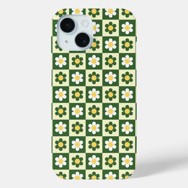 Retro Sage Green and Cream Daisy Chequerboard  Case-Mate iPhone Case (Back)