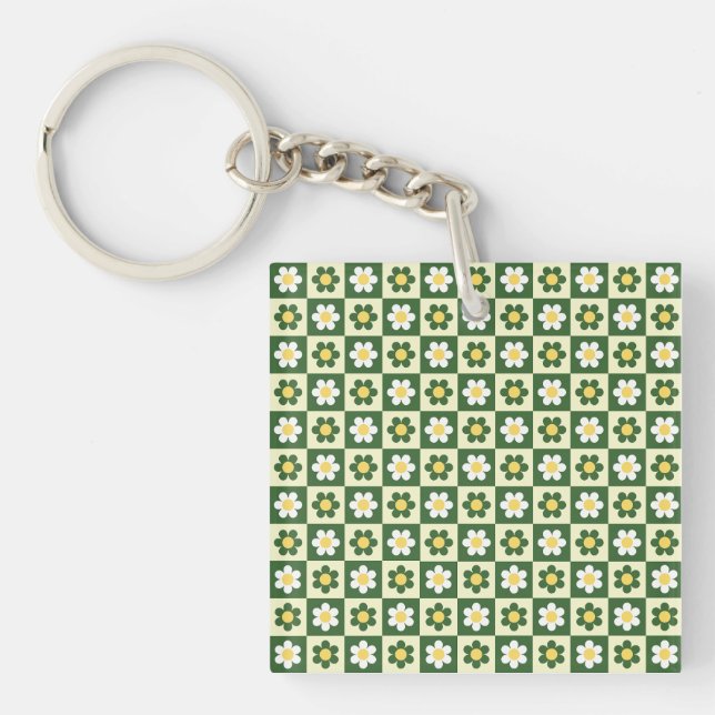 Retro Sage Green and Cream Daisy Chequerboard  Key Ring (Front)