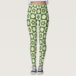 Retro Sage Green and Cream Daisy Chequerboard Leggings
