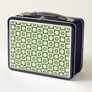 Retro Sage Green and Cream Daisy Chequerboard Metal Lunch Box