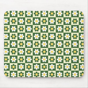 Retro Sage Green and Cream Daisy Chequerboard Mouse Mat