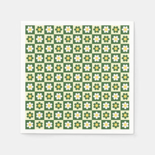 Retro Sage Green and Cream Daisy Chequerboard Napkin