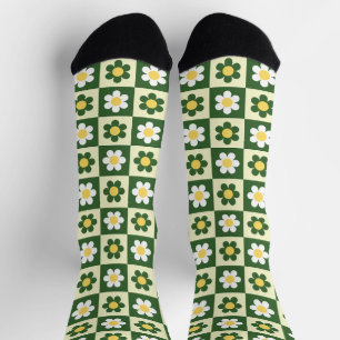 Retro Sage Green and Cream Daisy Chequerboard  Socks