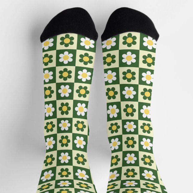 Retro Sage Green and Cream Daisy Chequerboard  Socks (Top)