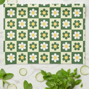 Retro Sage Green and Cream Daisy Chequerboard Tea Towel