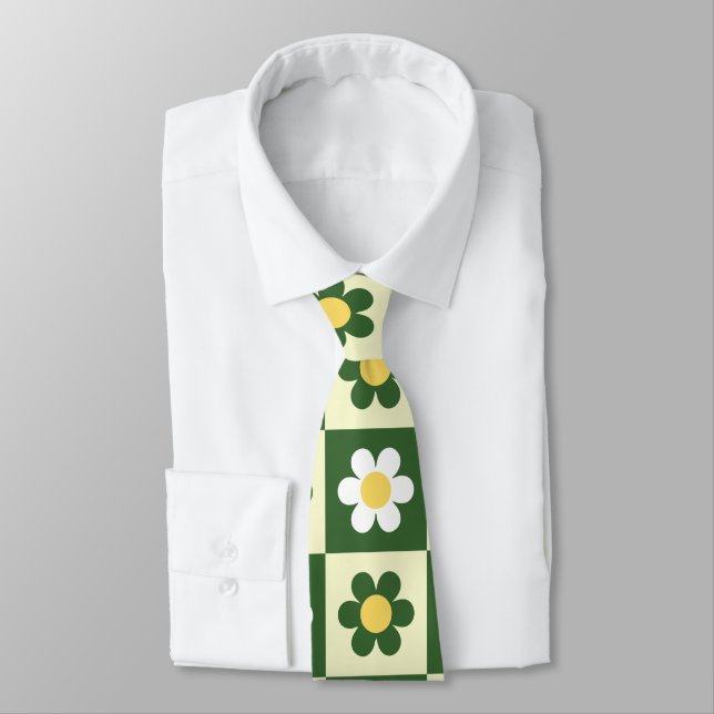 Retro Sage Green and Cream Daisy Chequerboard  Tie (Tied)